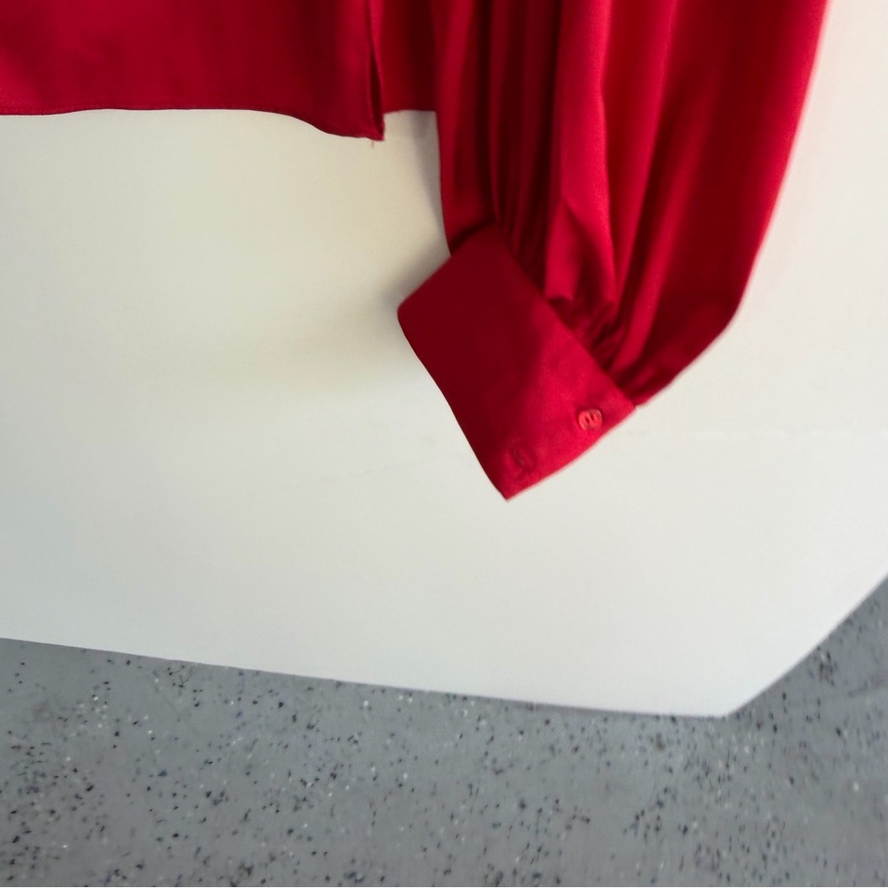ELOQUII Satin Blouse Size 16 Balloon Sleeve Tie Back Red Holiday Party Top Plus - Picture 10 of 16